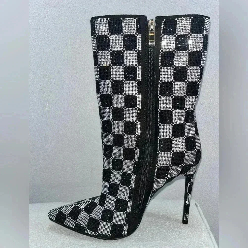Women’s Black & Silver Checkered Crystal Stiletto Knee Boots